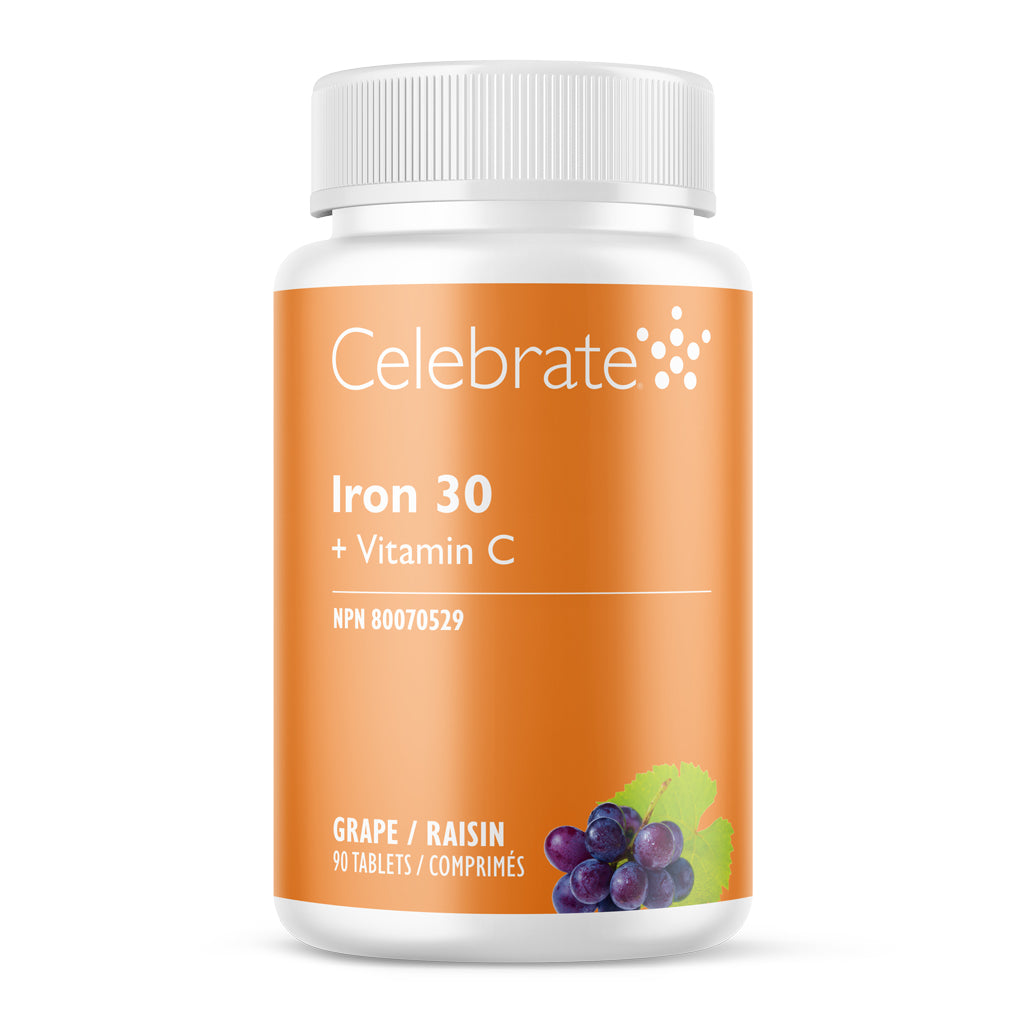 Celebrate Iron 30 + Vitamin C supplement bottle on a white background