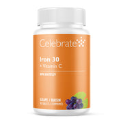 Celebrate Iron 30 + Vitamin C supplement bottle on a white background