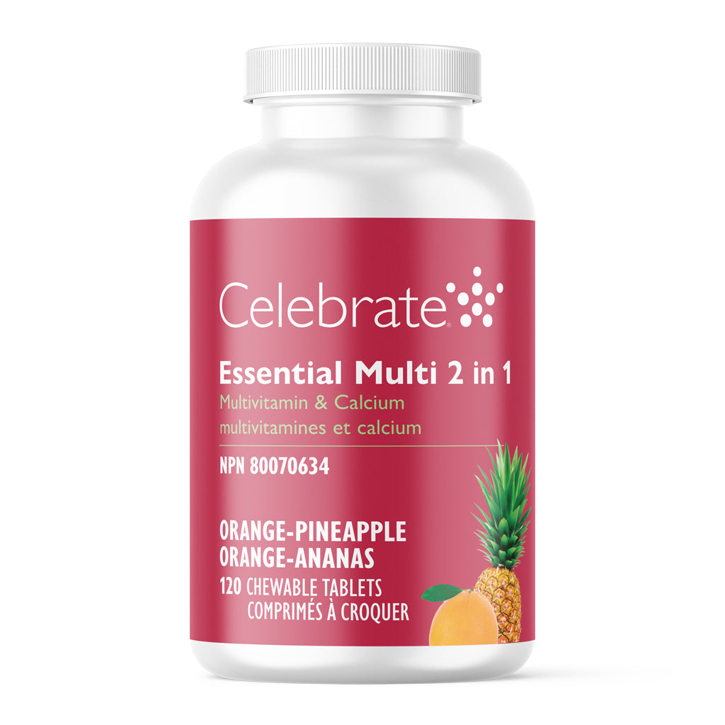 Celebrate Essential Multi 2 in 1 supplement bottle with red label on a white background