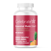 Celebrate Essential Multi 2 in 1 supplement bottle with red label on a white background