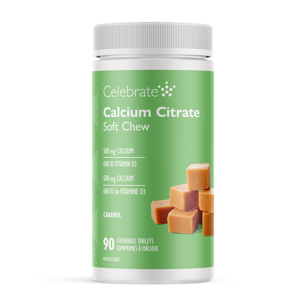 Celebrate Calcium Citrate Soft Chew container with green label and caramel chewable tablets on a white background