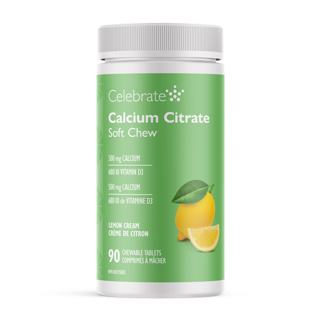 Celebrate Calcium Citrate Soft Chew supplement container with lemon illustration on a white background