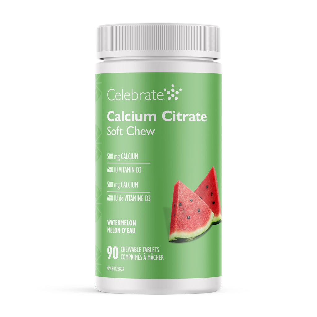 Celebrate Calcium Citrate Soft Chew container with watermelon flavor on a white background
