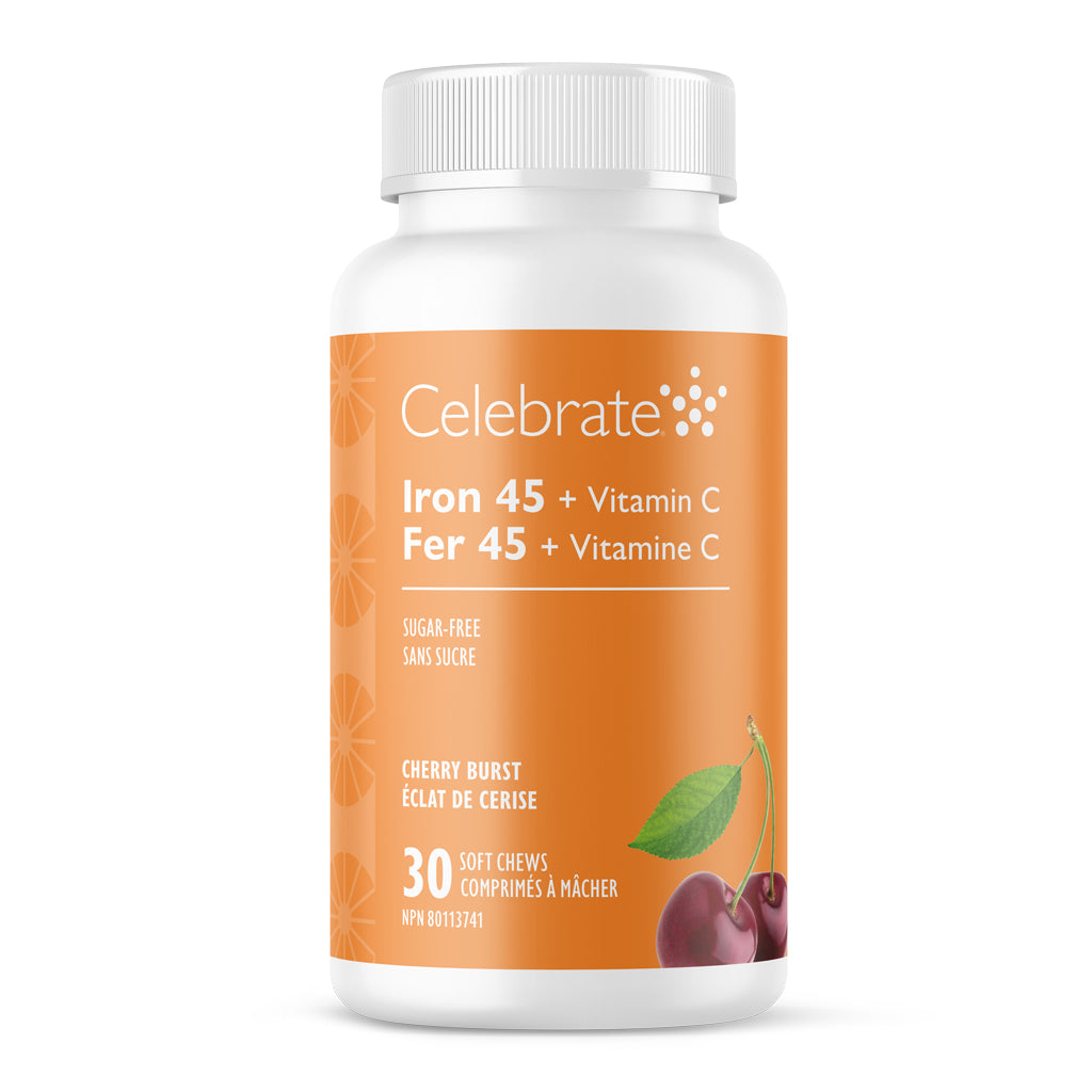 Iron 45 plus Vitamin C supplement bottle with orange label on a white background
