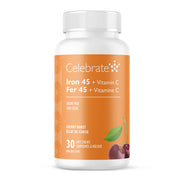 Iron 45 plus Vitamin C supplement bottle with orange label on a white background