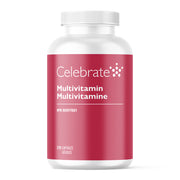 Multivitamin bottle with red label and white cap on a white background